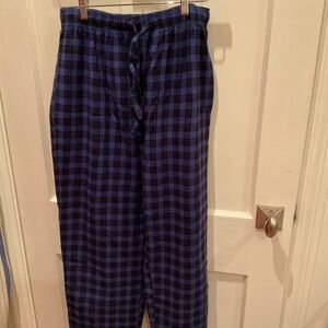 Mens Nautical black and blue plaid flannel pajama bottoms, M
